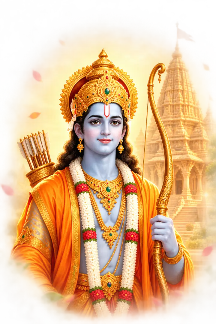 Lord Ram in front of a temple